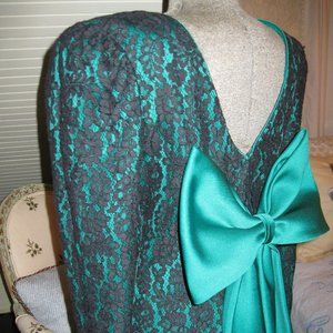 80's Black Lace/ Emerald Holiday Dress, Great Bow